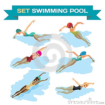 Set of young women in sports swimsuit swims in the pool Vector Illustration
