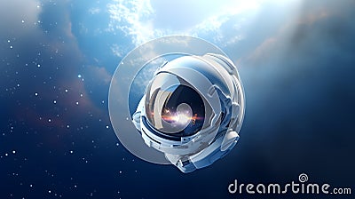 Cosmic Helmet: An astronaut's helmet floats in the sky, embodying the marvels of space Stock Photo