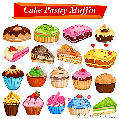 Set of yummy assorted Cakes and Pastry Food dessert Vector Illustration