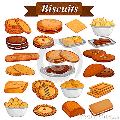 Set of yummy assorted Cookies and Biscuit Food dessert Vector Illustration
