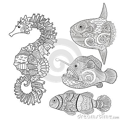 Set with zentangle fish Vector Illustration