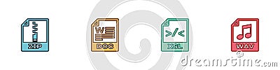 Set ZIP file document, DOC, XSL and WAV icon. Vector Vector Illustration