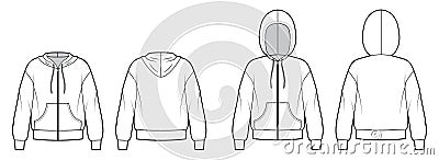 Set of Zip-up Hoody sweatshirt technical fashion illustration with long sleeves, oversized body, kangaroo pouch, banded. Vector Illustration