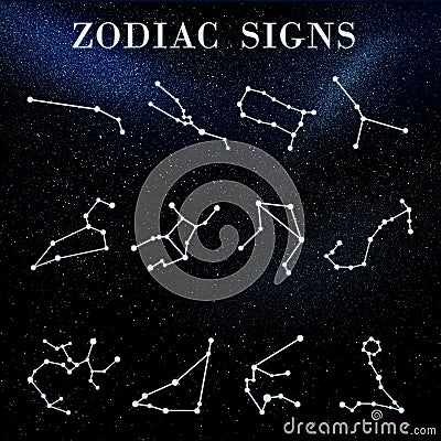 Set with zodiac constellations against night sky with stars Stock Photo