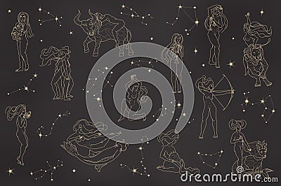 Set zodiac signs as girls on black gradient background. Light outline femine women and zodiac constellations. Astrology Vector Illustration