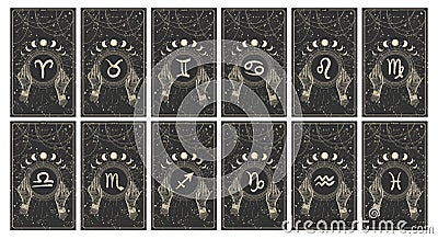 Set of 12 zodiac signs cards, astrology banner, golden hand drawing on black background, stories background, collection Vector Illustration