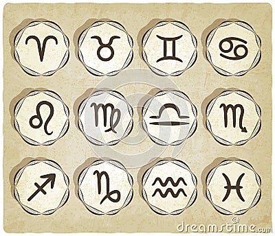 Set of zodiac signs on retro background Vector Illustration