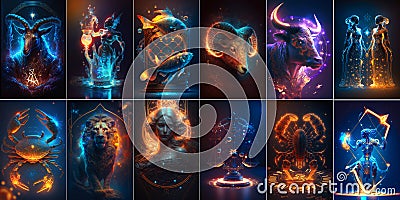 Set of zodiac signs. Twelve signs of zodiac created with Generative AI technology Stock Photo