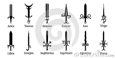 Set of 12 Zodiac Swords Icon. Zodiacal Weapon Collection. Vector illustration for Your Design, Web. Vector Illustration