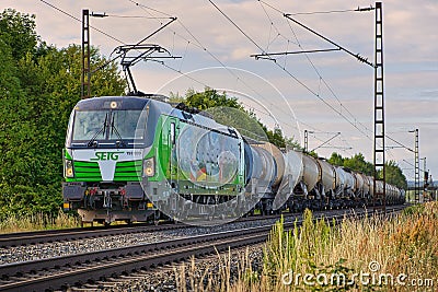 SETG train with tank wagons of the 193 series passing through Thuengersheim Editorial Stock Photo