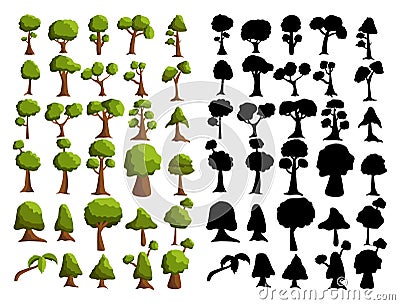 Seth black silhouettes and realistic trees from different climatic zones on a white background - Vector Vector Illustration