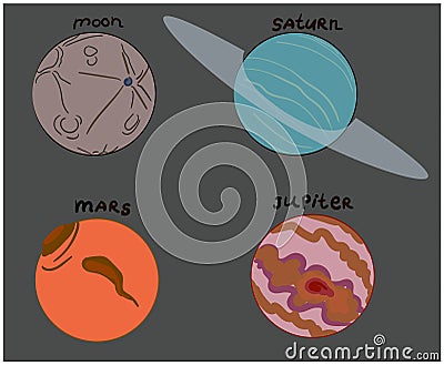 Seth consists of four planets in a cartoon style. Stock Photo