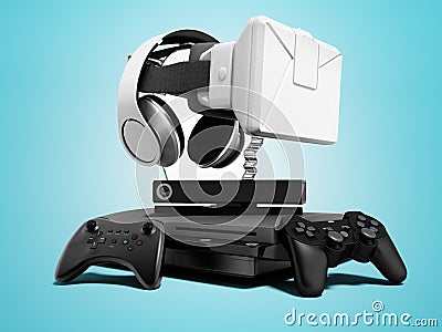 Seth game consoles with joysticks for doubles with virtual reality glasses 3d render on blue background with shadow Stock Photo
