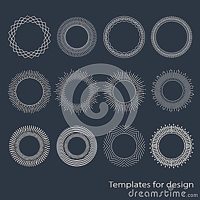 Seth original round frames. Patterns of design elements. Sun rays. Minimalism. Vintage objects. Monogram. Linear drawing. Vector Illustration