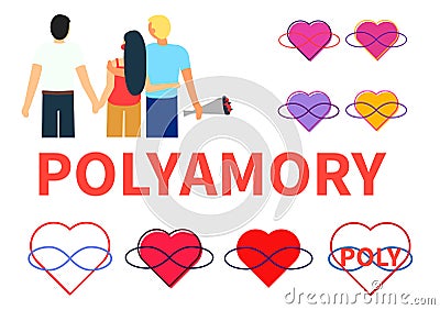 Seth polyamory. Two guys and a girl hold hands and hug. Several symbols of polyamoria - hearts and infinity sign in Vector Illustration