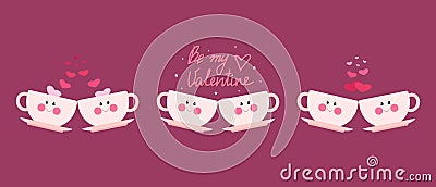 Seth Two cute pink mugs with faces, valentines day. Vector illustration in flat cartoon style Vector Illustration