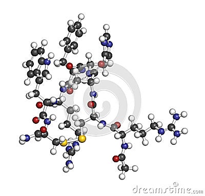 Setmelanotide drug molecule (MC4 receptor agonist). 3D rendering. Atoms are represented as spheres with conventional color coding Stock Photo