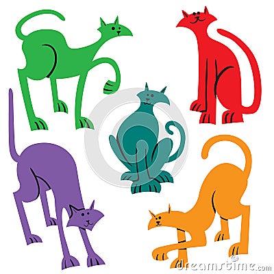 Setn with doodle cats. Collection with playing kitten in incoml Vector Illustration