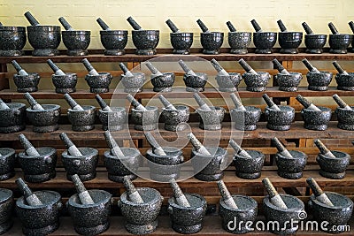 Sets of coated mortar and pestle in grey and black color granite Stock Photo
