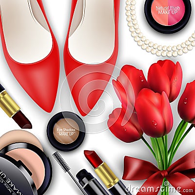 Sets of cosmetics background with red tullips Vector Illustration