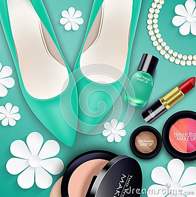 Sets of cosmetics on green background Vector Illustration