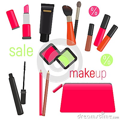 Sets of cosmetics on isolated background. Cosmetic bag with tools for professional make-up: lipstick, mascara, eyeshadow Vector Illustration