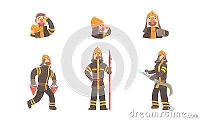 Sets of Firefighters, Firemen in Protective Uniform with Professional Equipment Cartoon Vector Illustration Vector Illustration