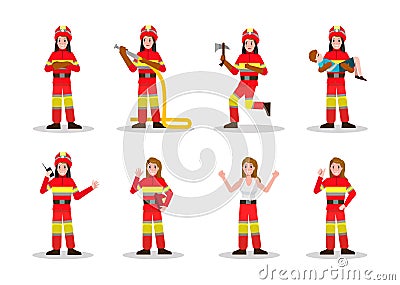 Sets of Firefighting. Fire Woman character design in many pose. Vector Illustration