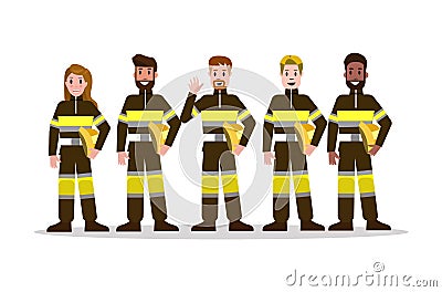 Sets of Firefighting team in black uniform. Vector Illustration