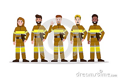 Sets of Firefighting team in yellow uniform. flat Fireman character design. vector illustration Vector Illustration