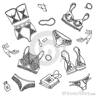 Sets lace underwear black body suit with bra and panties Vector Illustration
