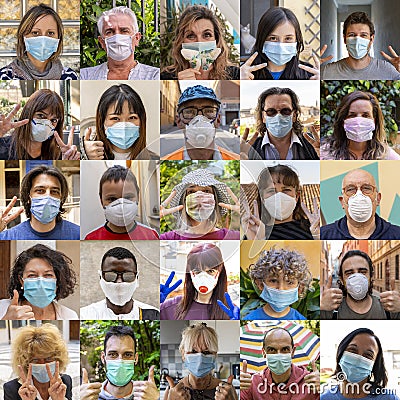 Sets of positive people portraits wearing masks during the coronavirus period Stock Photo