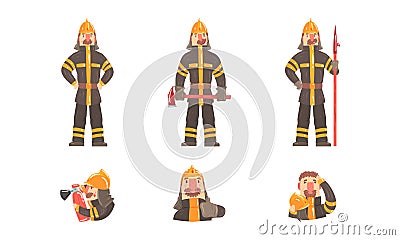 Sets of Professional Firefighters, Firemen Characters in Uniform with Fighting Tools Cartoon Vector Illustration Vector Illustration