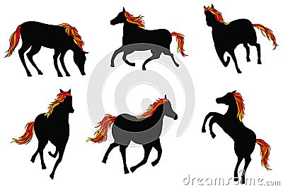 Sets of silhouette fire horses, create by vector Vector Illustration