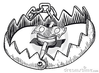 Bear Trap with Chains and Precious as Money Bait, Vector Illustration Vector Illustration