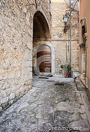 Settefrati at sunset, alley, Ciociaria, Valle di Comino, Frosinone Stock Photo