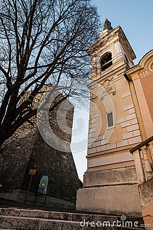 Settefrati at sunset, bell and medieval tower, Ciociaria, Valle di Comino, Frosinone Stock Photo