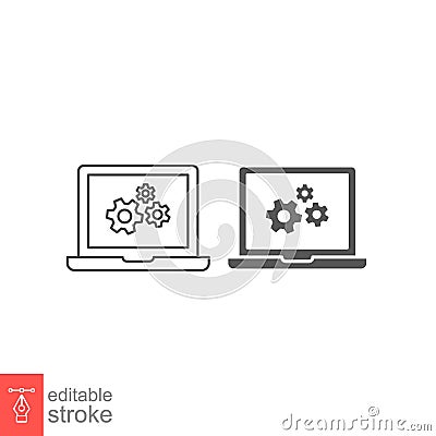 Setting parameters, laptop line and glyph icon. Monitor and gears Vector Illustration