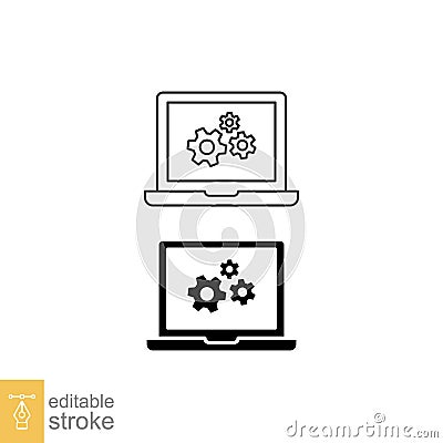 Setting parameters, laptop line and glyph icon. Monitor and gears, Adjusting app options Vector Illustration