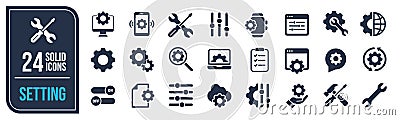 Setting solid icons collection. Containing setup, gear, tool, configuration icons. Vector illustration. Vector Illustration