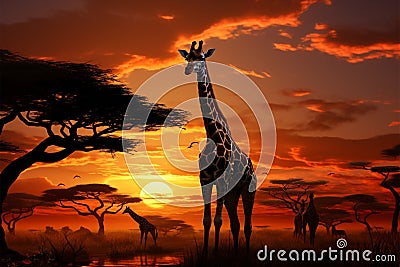 Setting sun illuminates a transformed landscape with a giraffe herd Stock Photo