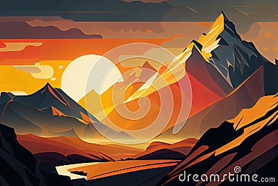 setting sun over mountains minimalistic drawing. Generative AI, Generative, AI Stock Photo