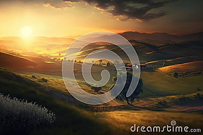 setting sun, with wide view of rolling hills and farmlands Stock Photo