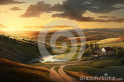 setting sun, with wide view of rolling hills and farmlands Stock Photo