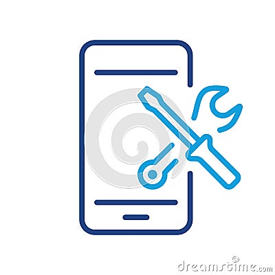 Setting Up Applications on Mobile Phone color Line Icon. Service of Software Smartphone Linear Pictogram. Configuration Vector Illustration