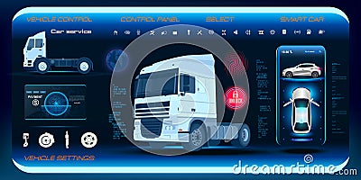 Setting up the parameters of the electronics of car devices on a holographic touch panel with characteristics and elements of HUD Vector Illustration
