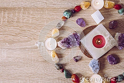 Setting up a semi precious stone crystal grid in home helps your intentions to manifest concept. Alternative lifestyle. Stock Photo