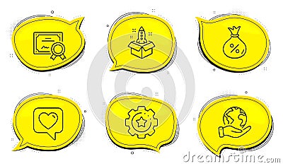 Settings gear, Loan and Startup icons set. Heart sign. Technology process, Money bag, Innovation. Like rating. Vector Vector Illustration