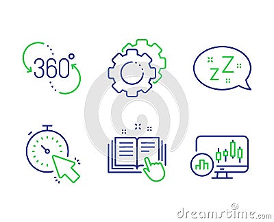 Settings gears, 360 degree and Technical documentation icons set. Timer, Sleep and Candlestick chart signs. Vector Vector Illustration