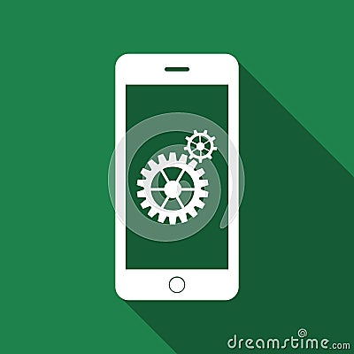 Settings on smartphone screen. Gear icon. Adjusting app, set options, repair, fixing phone concepts flat icon with long Vector Illustration